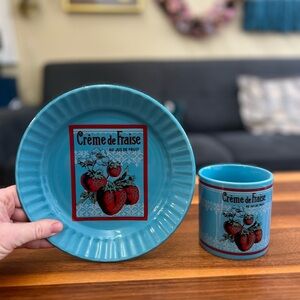 Blue Crème de Fraise Plate and Mug Set cute vintage style strawberries